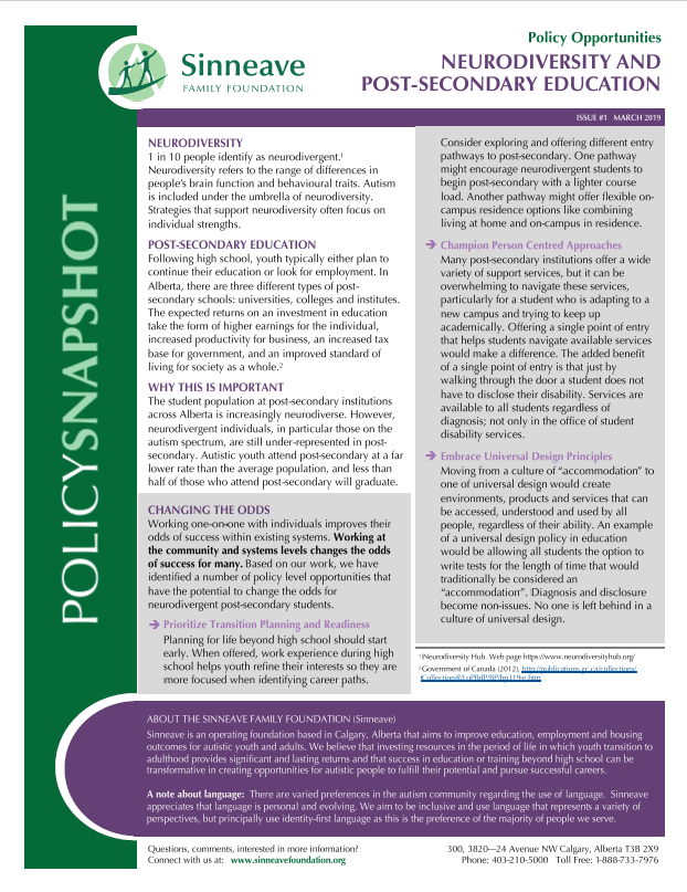 An image cover of the Policy Snapshot focused on neurodiversity (including autism) related to post-secondary education.
