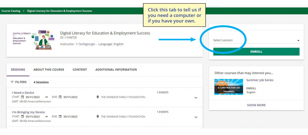 A screen shot of the registration page indicating where you select the session you want