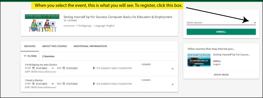 A screenshot of the landing page for the event on Sinneave Connects. It shows you what the page looks like and where to click to register. Setting Yourself Up For Success: Computer basics for education & employment