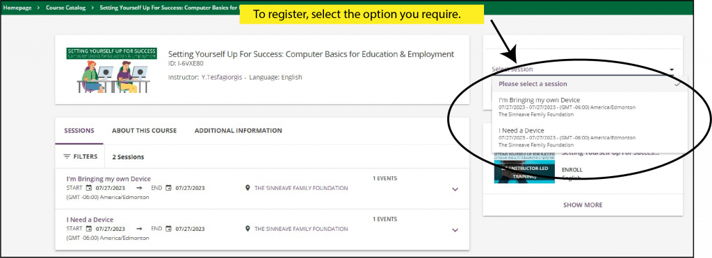 A screen shot of the drop down menu that will appear when you click the registration button, Setting yourself up for success: computer basics for education & employment