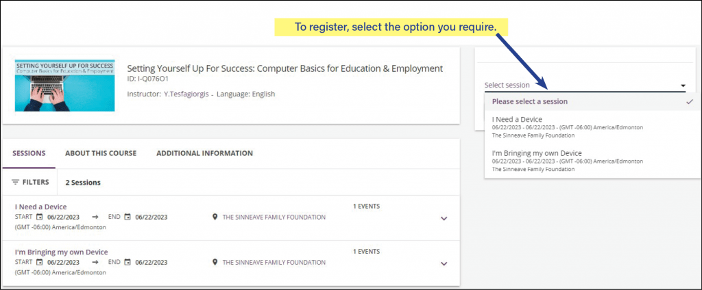 An image of the drop down menu of registration options for the Computer Basics Exploration Session
