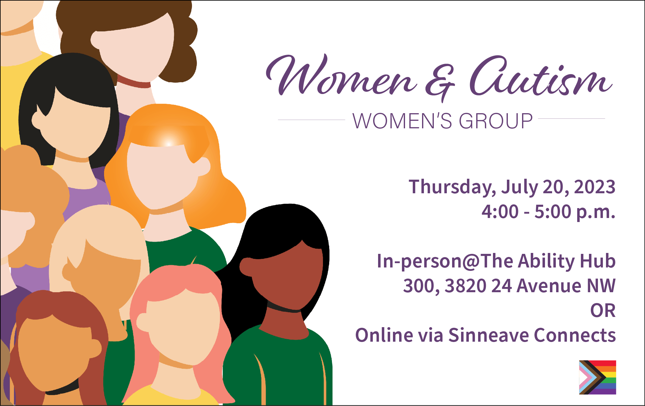 The image features several women in a group, all shapes, sizes and colours. The text reads, Women & Autism Women's Group along with event information.