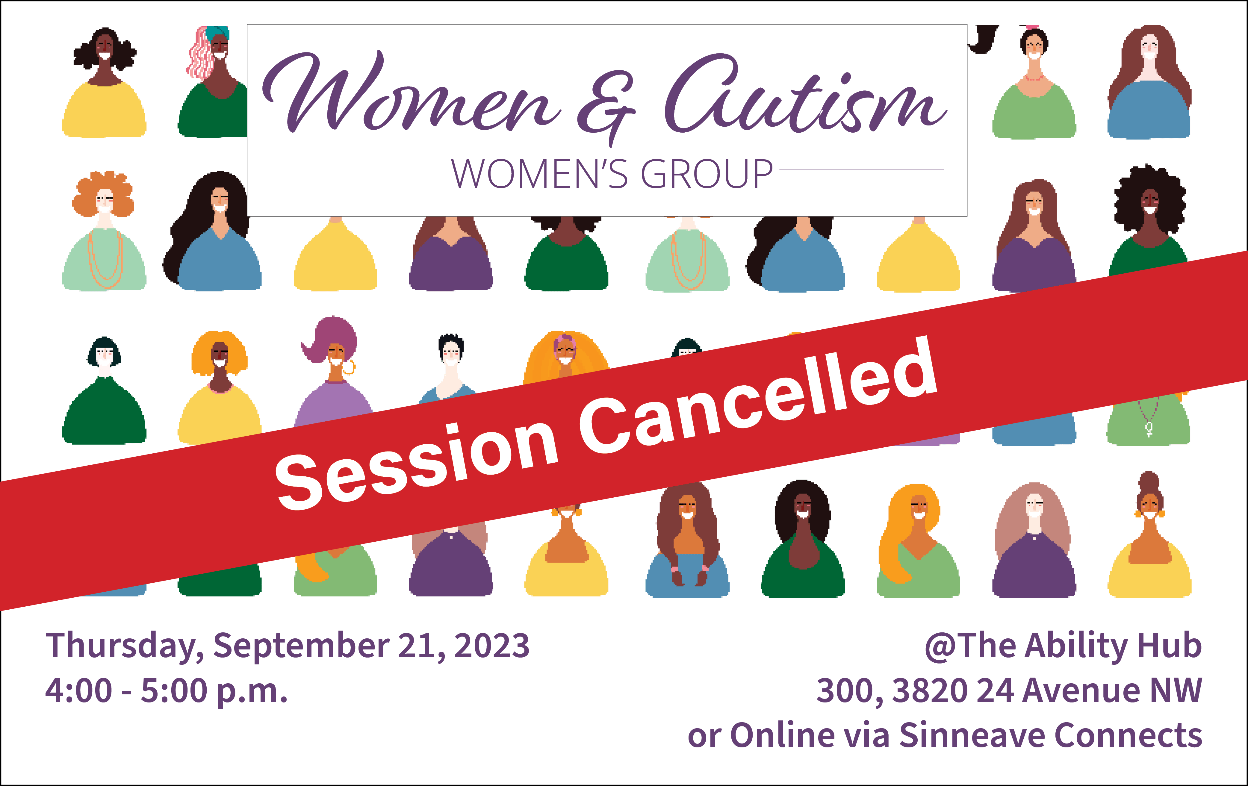 An illustration of rows of many women who are different colours, shapes and sizes. There is a red banner across the image saying Session Cancelled.