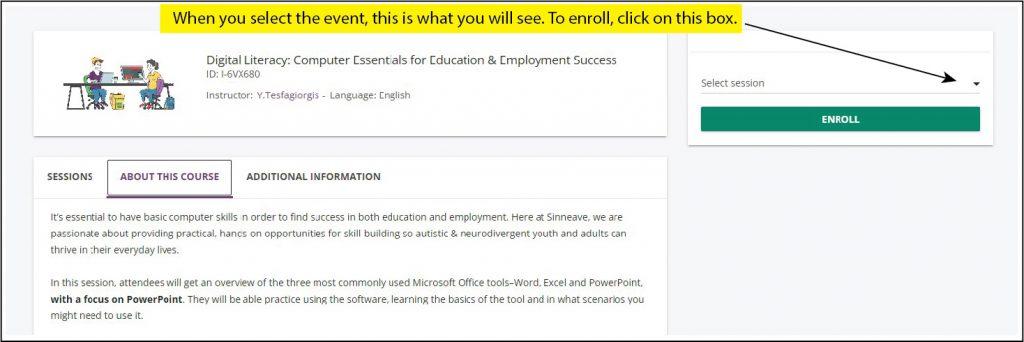 A screen shot of the registration page to help users know what to look for. There is an arrow pointing to the enrollment box.