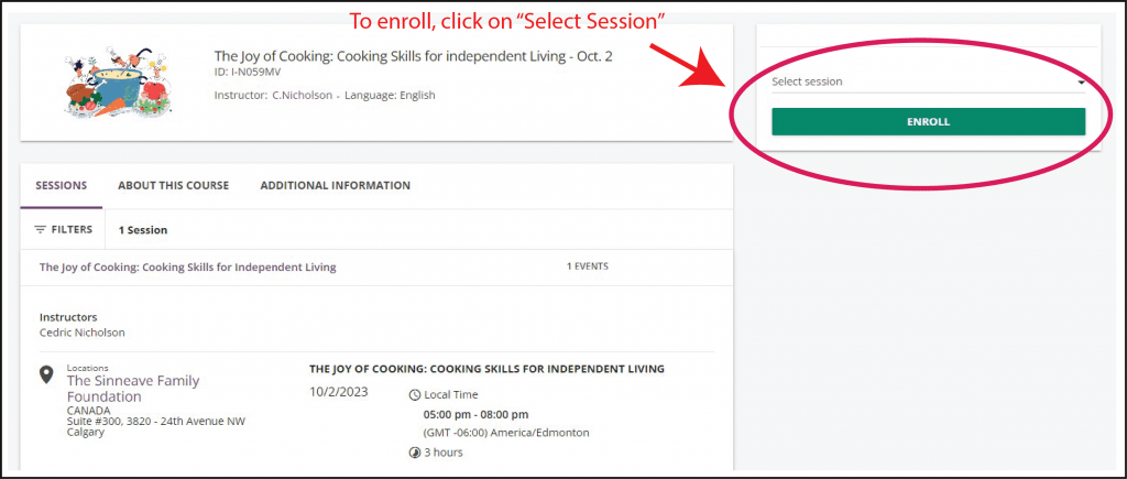 A screen shot of the enrolment page as it appears on Sinneave Connects. There is an arrow and circle indicating where to click to enrol in the course.