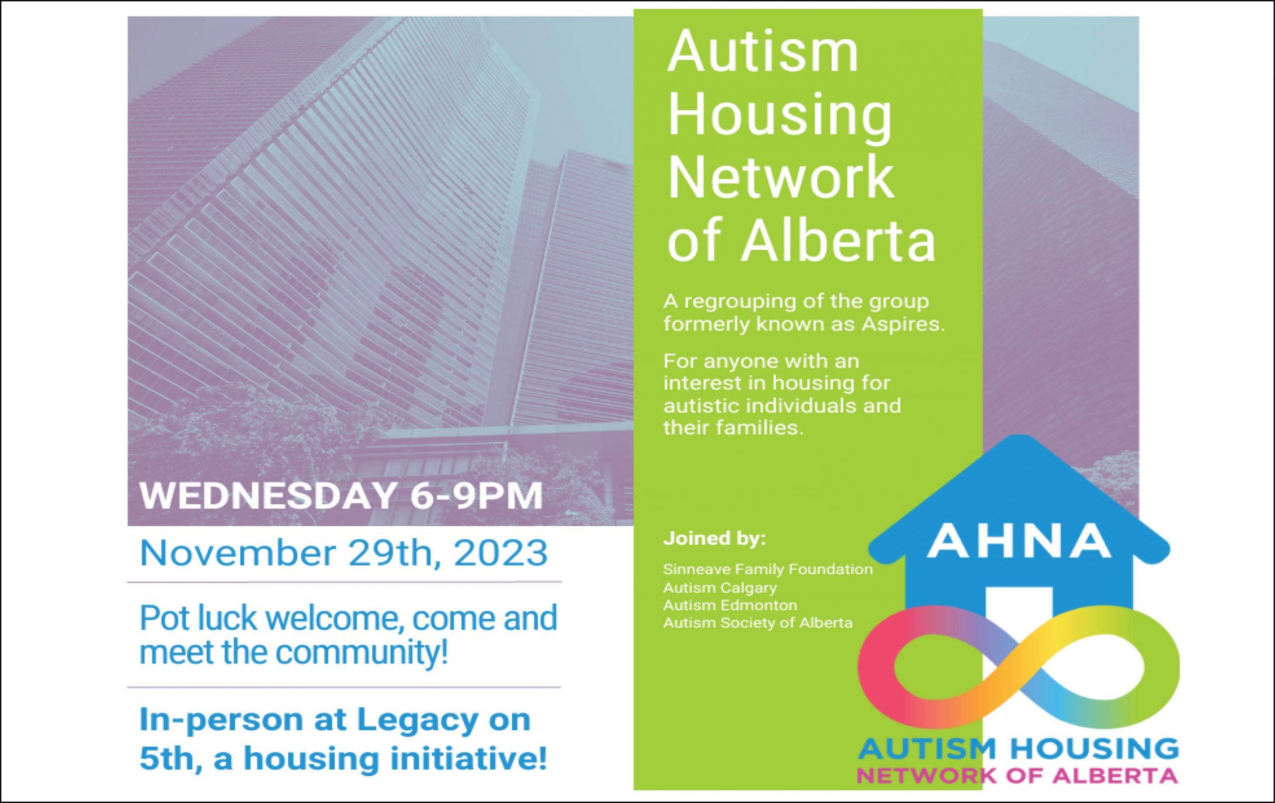 There is a faded photo of some tall, downtown buildings. A vertical green banner is on the right side, together with the Alberta Housing Network logo (a blue house on a rainbow infinity symbol) The text invites people to the Nov. meeting and potluck. Wed Nov 29 6-9 p.m.