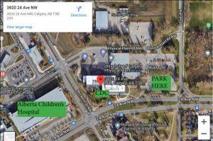 An image showing which parking lot to park in when visiting The Sinneave Family Foundation. Guests may park in Pay Lot #53. It is located adjacent to the building (Child Development Centre). A parking pass must be purchased and placed on the dash of your vehicle.