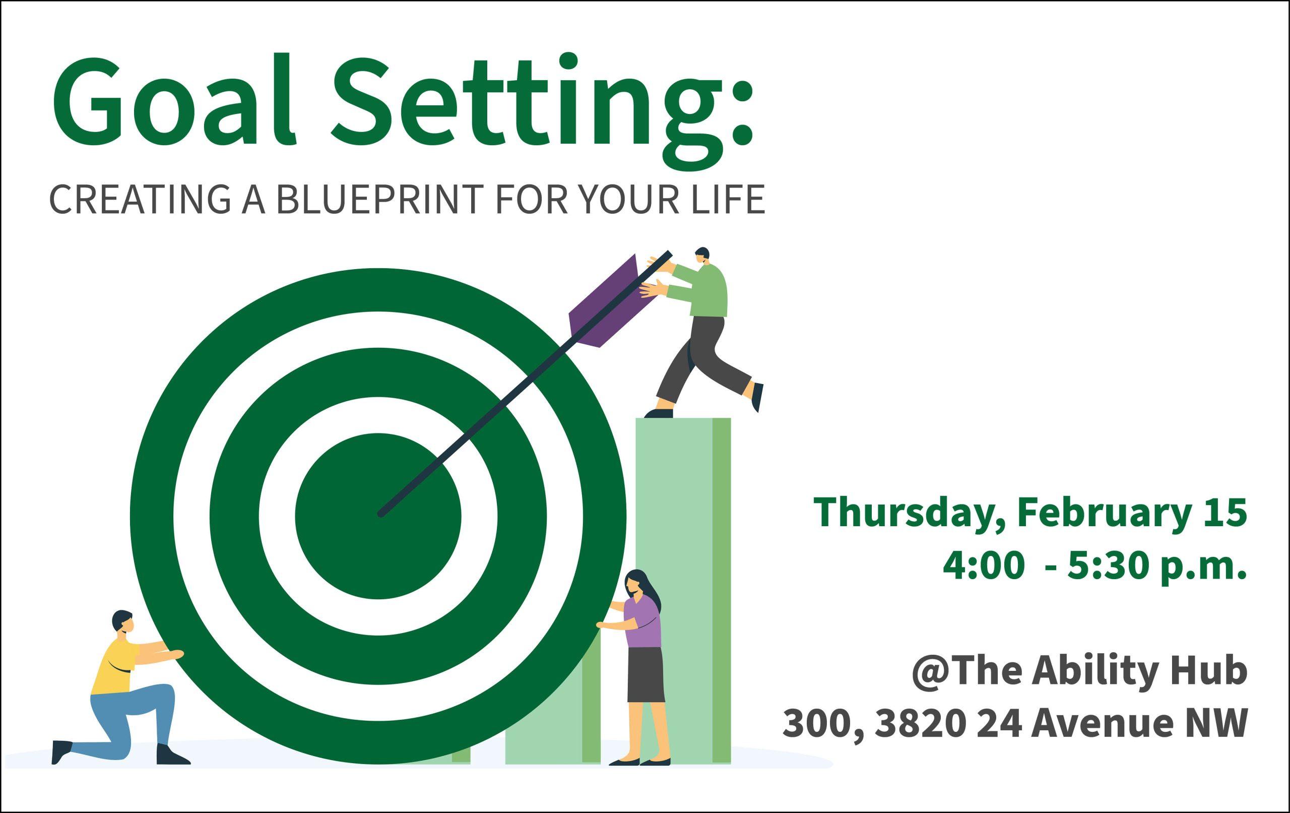 There is a large bullseye target with an arrow in the centre. Around the bullseye are three people who are working on setting it up, working together to achieve their goal.
