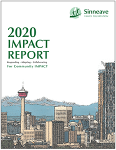 Graphic cityscape of Calgary downdown on cover of Sinneave Family Foundation 2020 Impact Report with the words Responding, Adapting, Collaborating for Community Impact