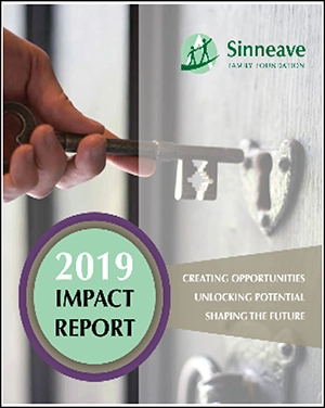 On a graphic background, is the logo of The Sinneave Family Foundation in green and white. Below it, the text reads, "2019 Impact Report". This is the cover image of the 2019 Impact Report.