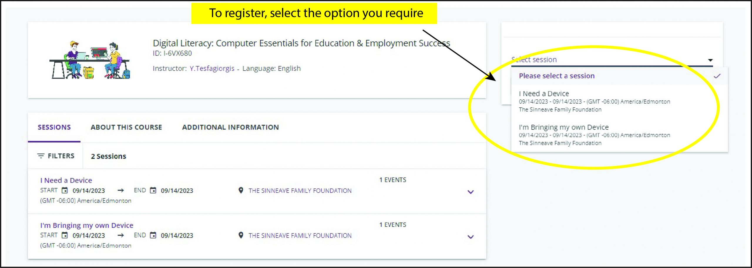 A screen shot of the registration page with an arrow pointing to the options the user must select from.