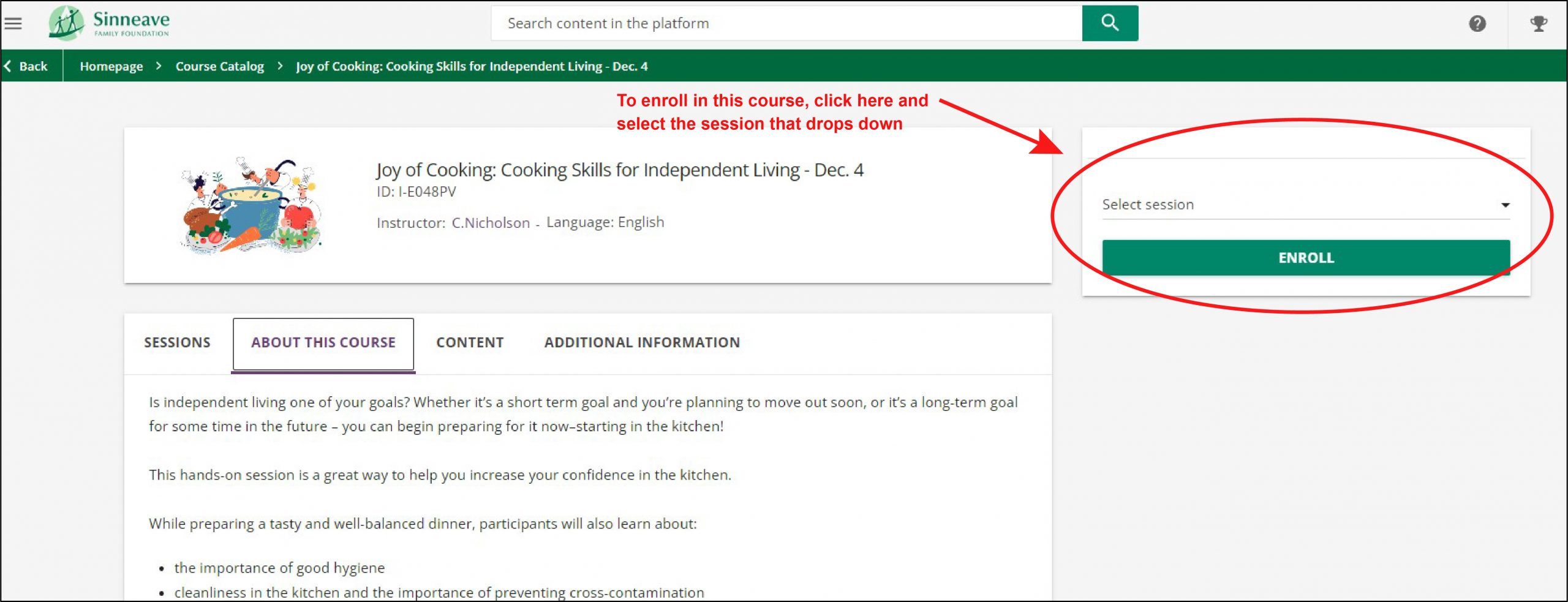 A screen shot of the Sinneave Connects course registration page. There is red text and an arrow pointing to the enrolment box, which is circled in red. It is intended to help people know what button to press in order to register.