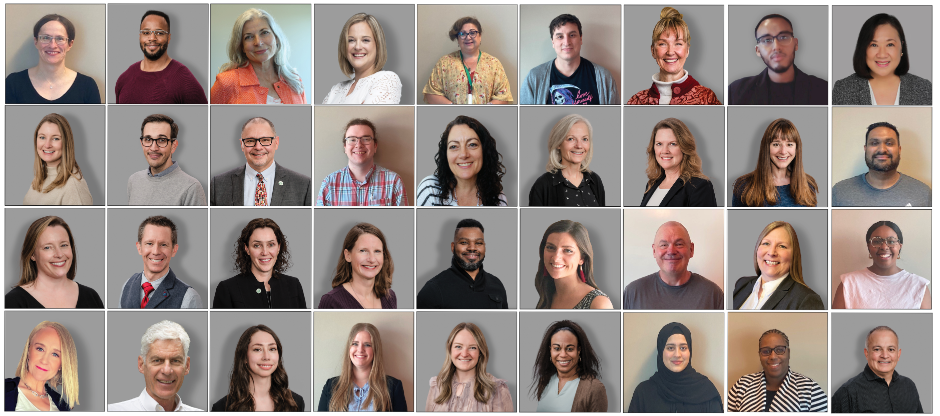 On a light grey background, are individual headshots of The Sinneave Family Foundation Staff members. There are 36 headshot pictures in total, one for each staff member. They are all looking into the camera and smiling in their headshots. 