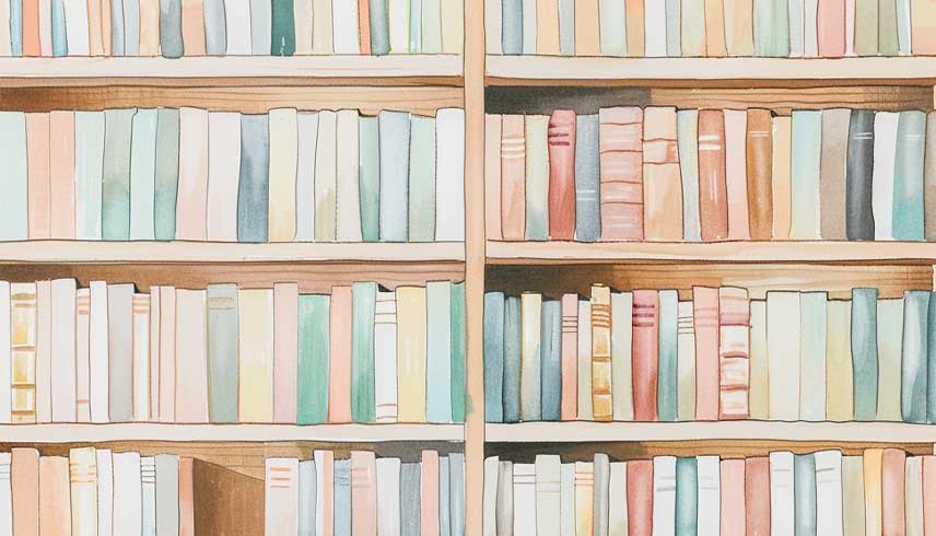 This image is a watercoloured graphic showing a number of books on a shelf in a library. The graphic is for decorative purposes.