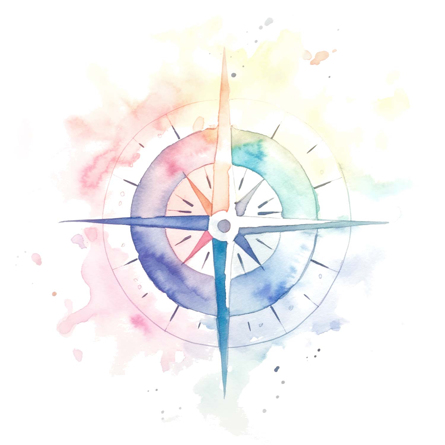 On a white background, is a watercoloured compass and the image is for decorative purposes.