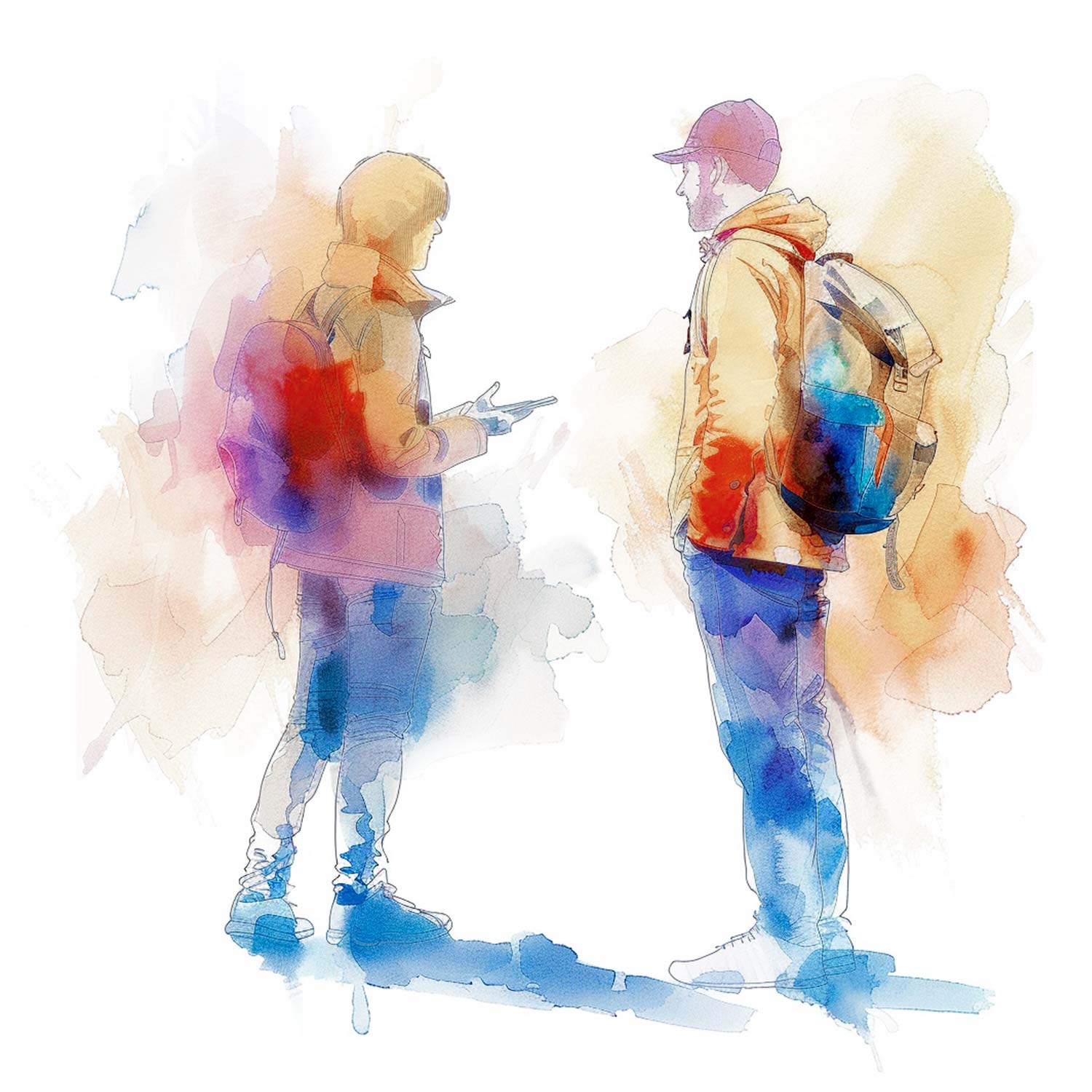 On a white background, this image is watercoloured and shows two individuals engaging in conversation with each other.
