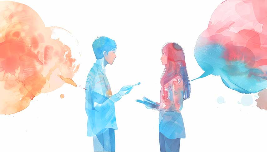 On a white background, this is a watercoloured graphic showing two individuals speaking to each other. The image is for decorative purposes.