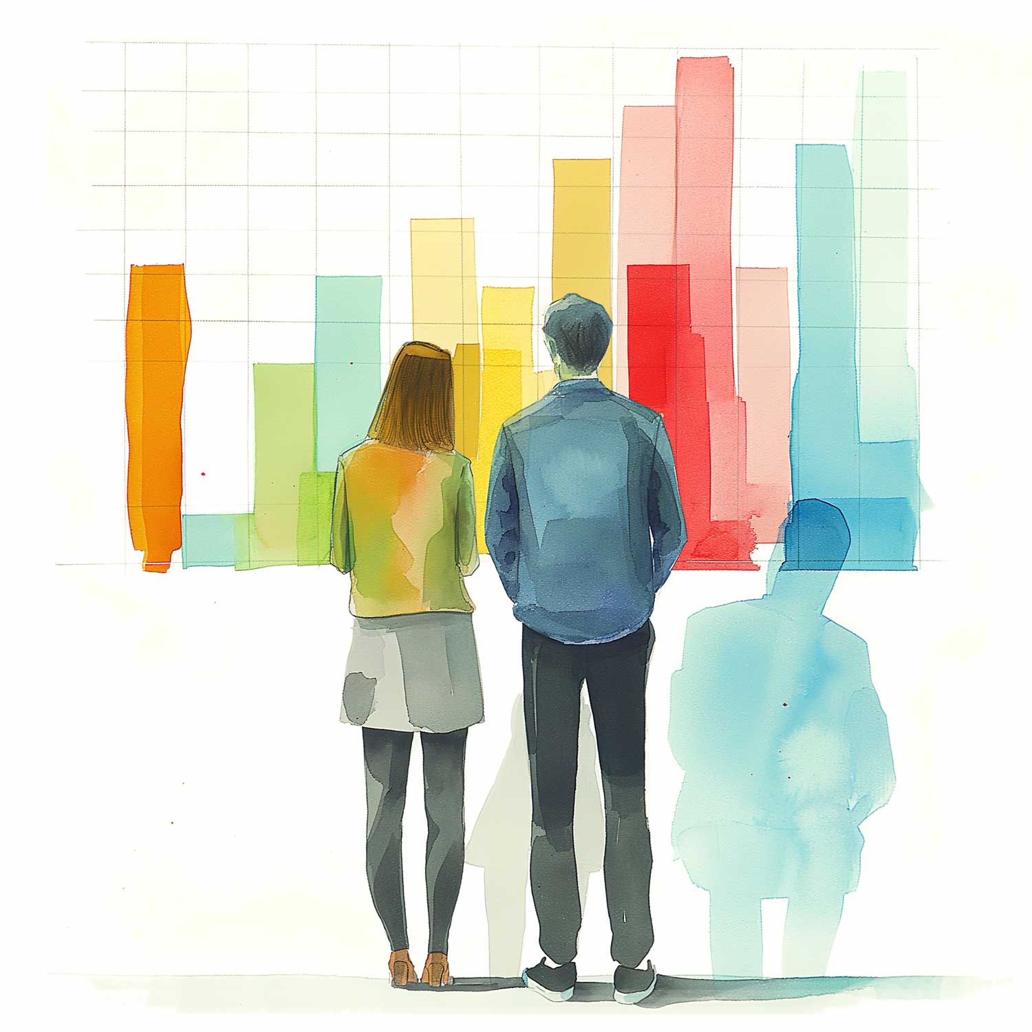 On a white background, this graphic is watercoloured and shows two individuals looking at a data representation of a chart. The graphic is for decorative purposes. 