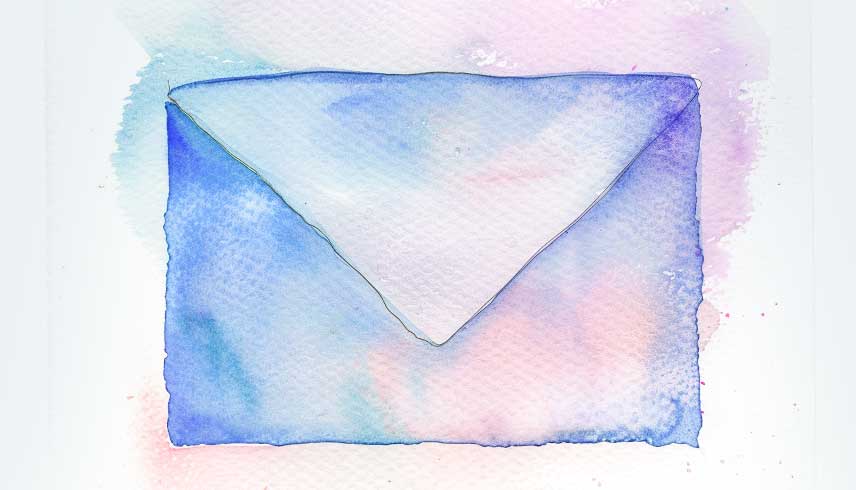 On a watercoloured background, this is an image of a envelope and the image is for decorative purposes. 