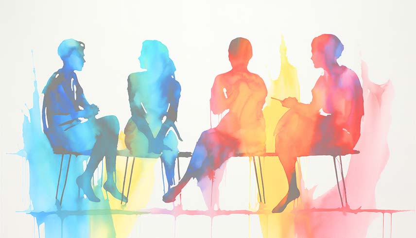 This is a watercoloured graphic showing four individuals in a focus group speaking to each other. The graphic is for decorative purposes.