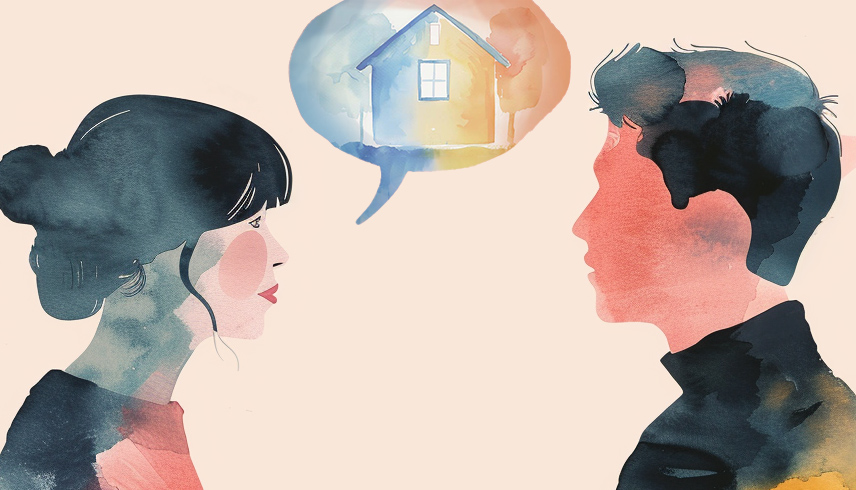 This image is a watercoloured graphic showing a female and male engaged in a conversation on housing. The graphic is for decorative purposes.