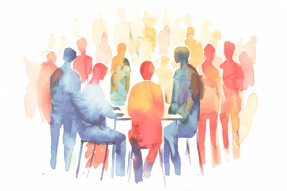 On a white background, this graphic is watercoloured and shows numerous individuals listening to a speaker in the middle. The graphic is meant to portray the impact we are having and is for decorative purposes. 