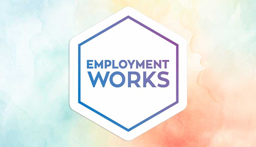 On a watercoloured background with a mix of white and yellow, in the middle of the image is the EmploymentWorks logo and inside it the text reads, "EmploymentWorks" in purple. 