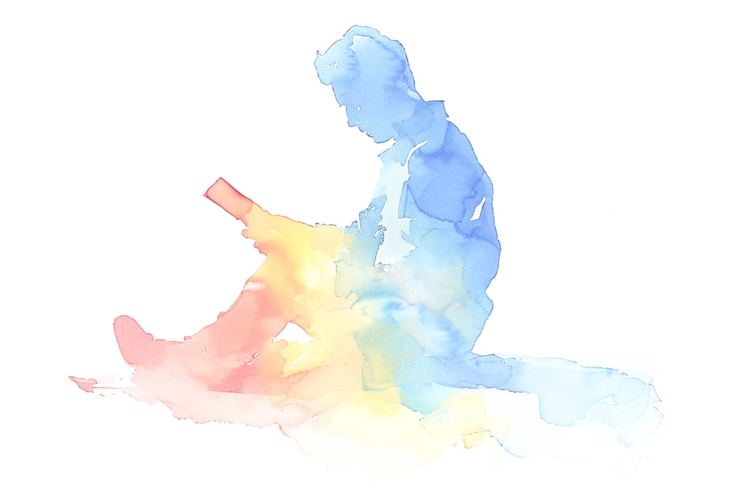 On a white background, this graphic is watercoloured and shows an individual reading a newsletter. The graphic is for decorative purposes. 