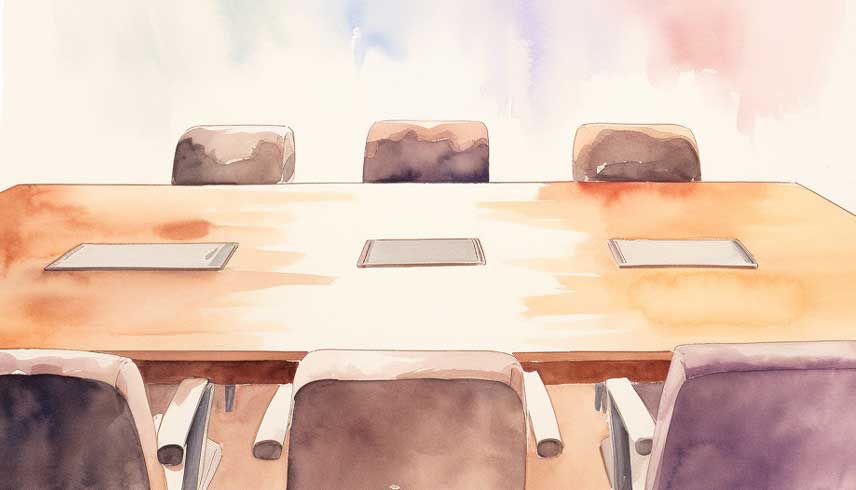 This image is a watercoloured graphic showing a board room meeting room with a table and six chairs. The graphic is for decorative purposes.