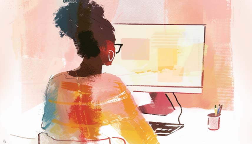 This image is watercoloured and shows a female working on a desktop with a computer monitor infront of her. The image is for decorative purposes.