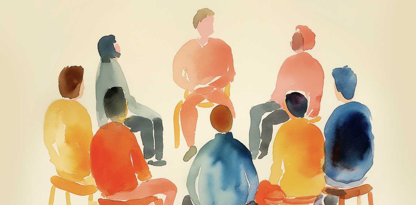 This image is a watercoloured graphic showing eight individuals in a group setting taking in a professional development opportunity. The image is for decorative purposes.