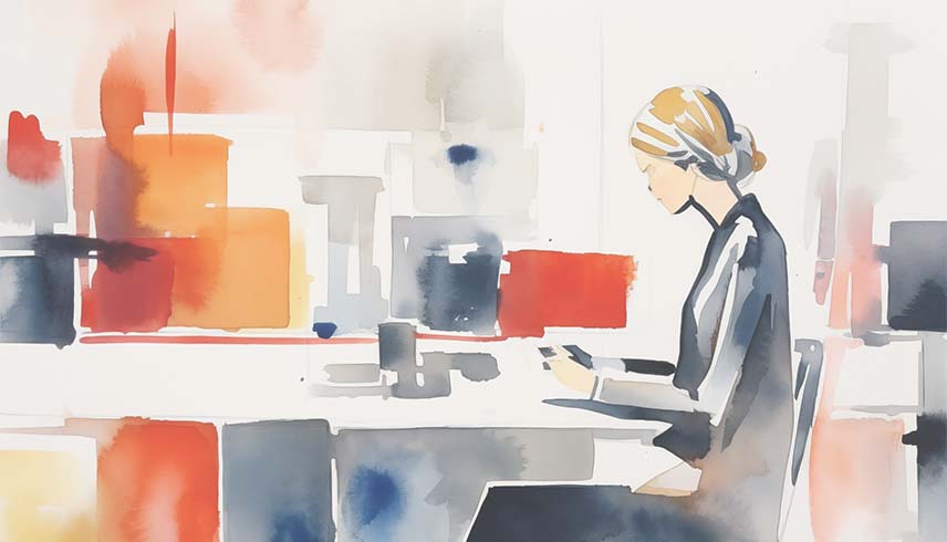 This is a watercoloured graphic showing a female engaged in a research study. The graphic is for decorative purposes.