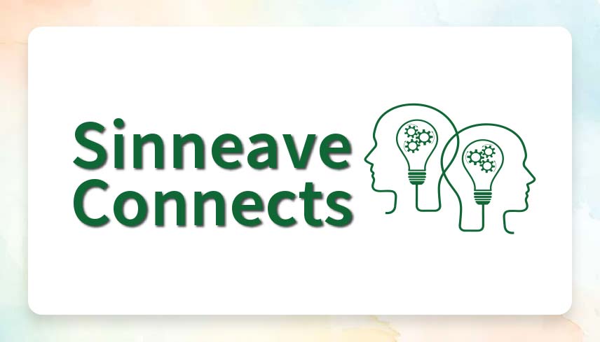 On a white background, to the left in green the text reads, "Sinneave Connects". To the right are two individual heads, the graphic is for decorative purposes.