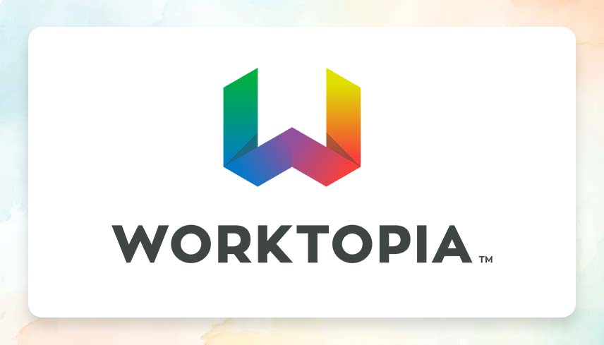 On a white background, in the middle of the image is the Worktopia logo. Below it, the text reads, "Worktopia". 