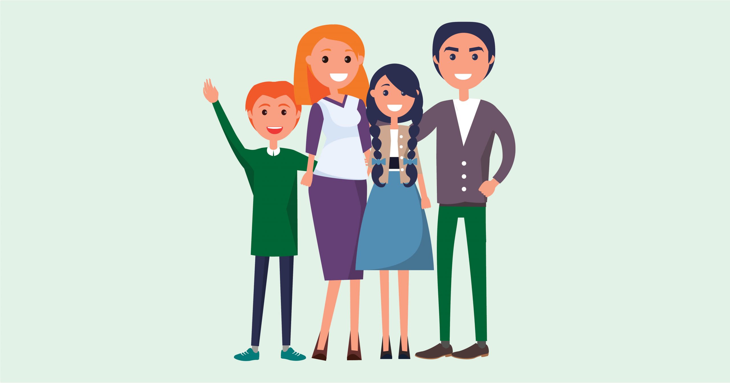 An illustration of a family of four. They are standing side by side. From left to right, a boy with orange hair, a woman who also has orange hair, a teen girl with dark braids and a man who also has dark hair.
