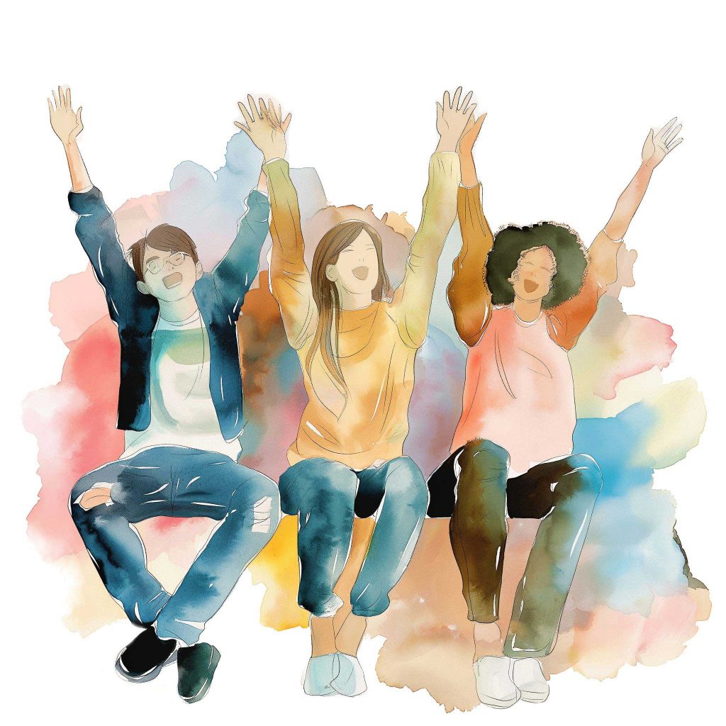 On a white background, this is a watercoloured graphic showing three individuals as part of a team having both their hands in the air.  