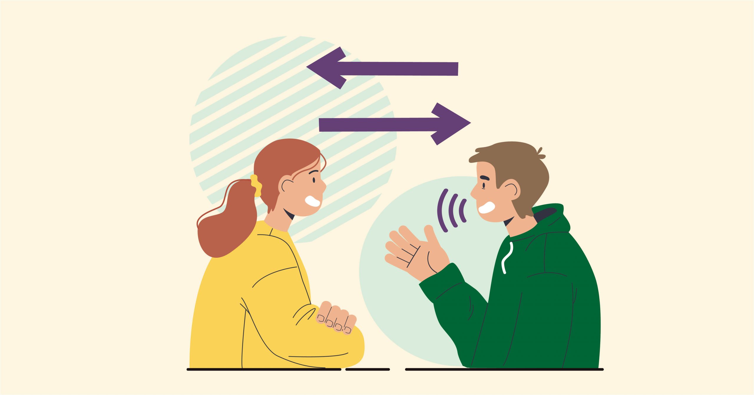 Illustration of a woman and man having a conversation, with arrows and sound waves indicating speech.