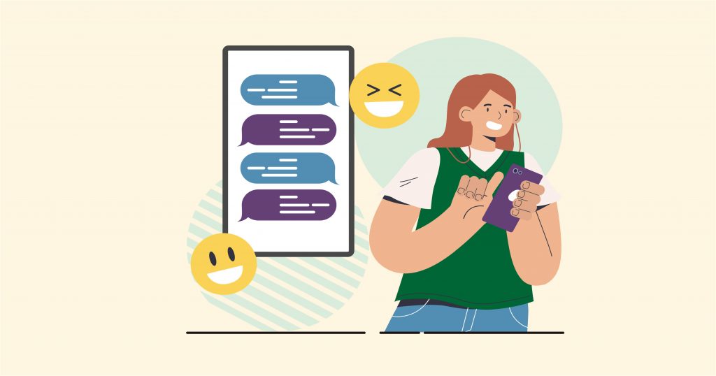 Illustration of a person holding a phone with a chat screen and smiling emojis.