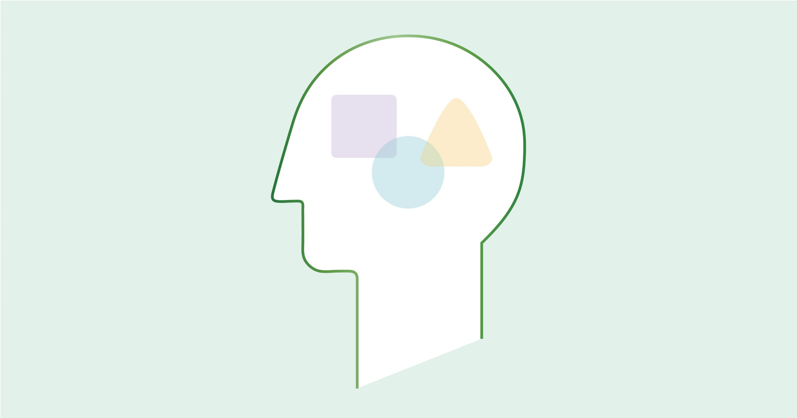 Profile outline of a human head with overlapping geometric shapes inside: a purple square, yellow triangle, and blue circle.