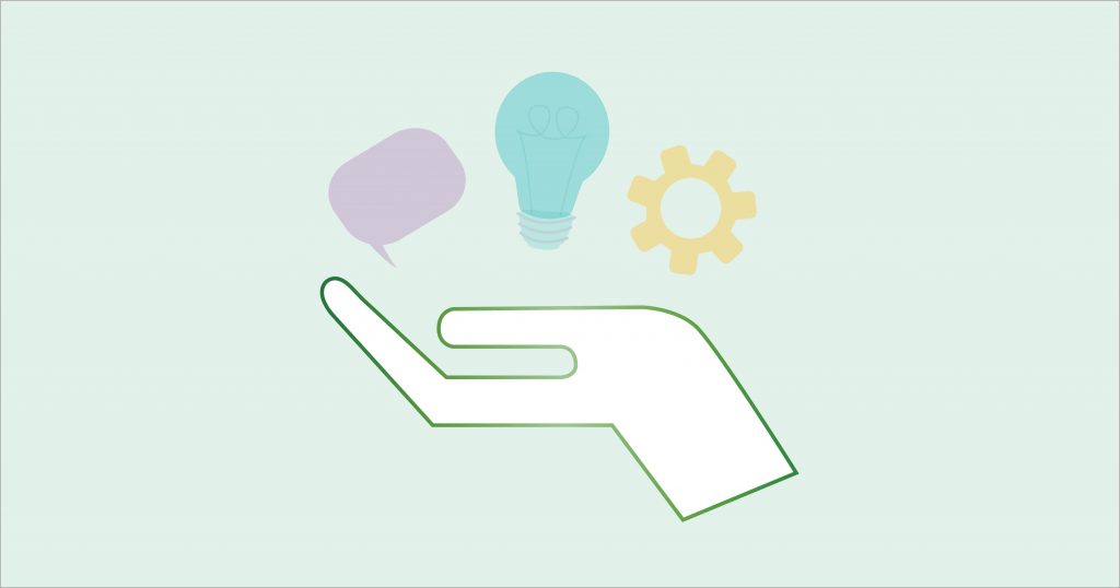 Illustration of a hand with a speech bubble, lightbulb, and gear floating above it.