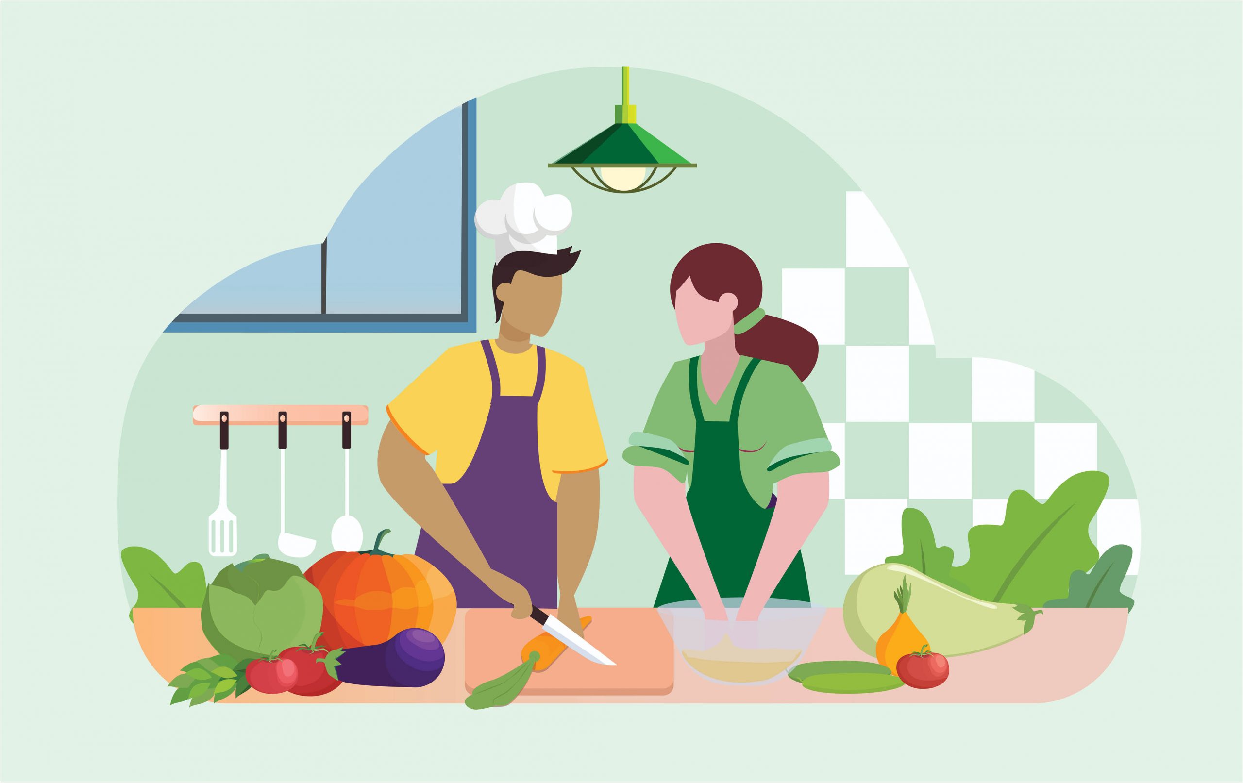 Two people cooking in a kitchen, with various vegetables on the table and a green-tiled wall in the background.