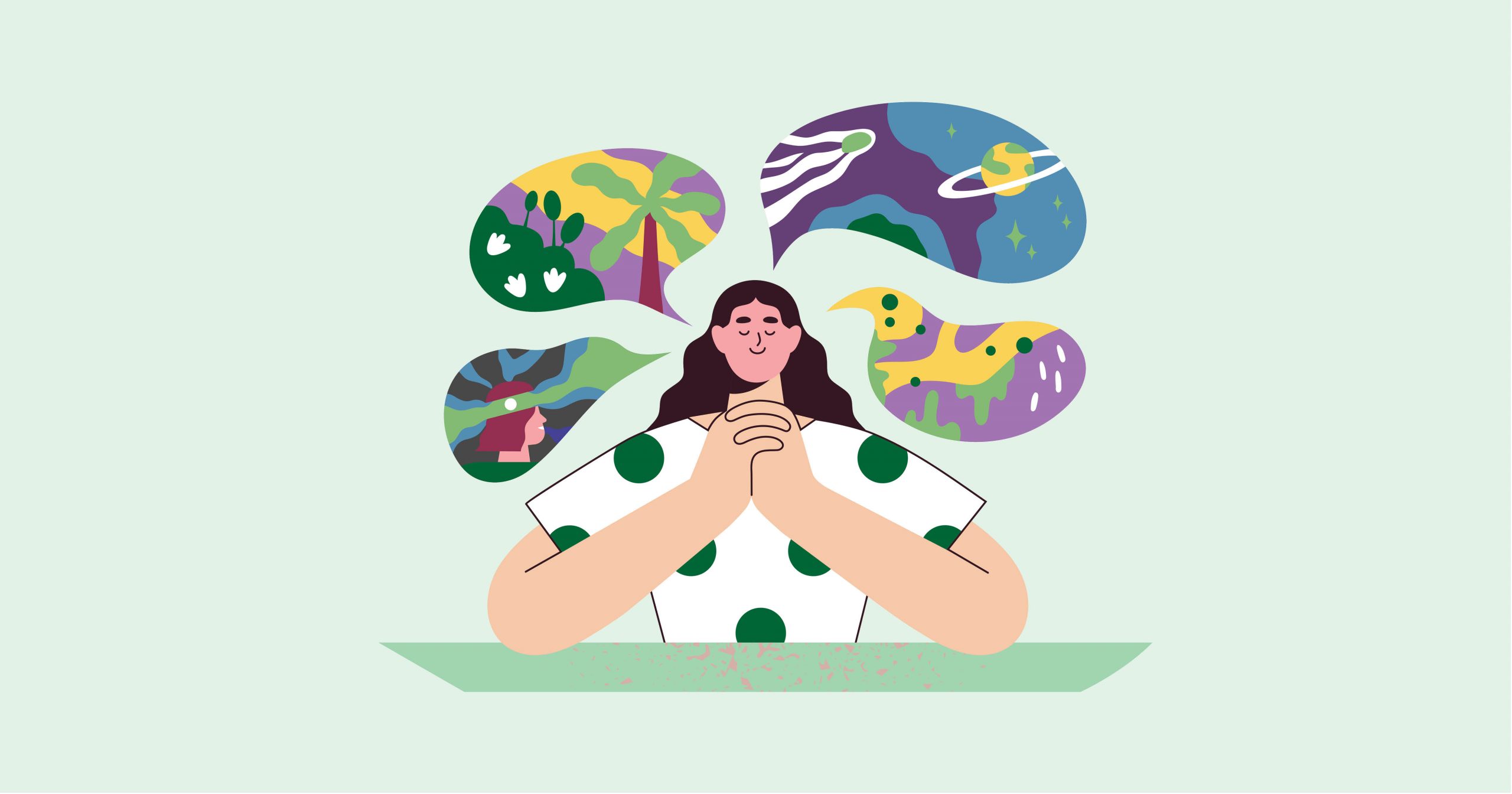 An Illustration of a person with clasped hands, surrounded by colorful thought bubbles depicting various scenes.