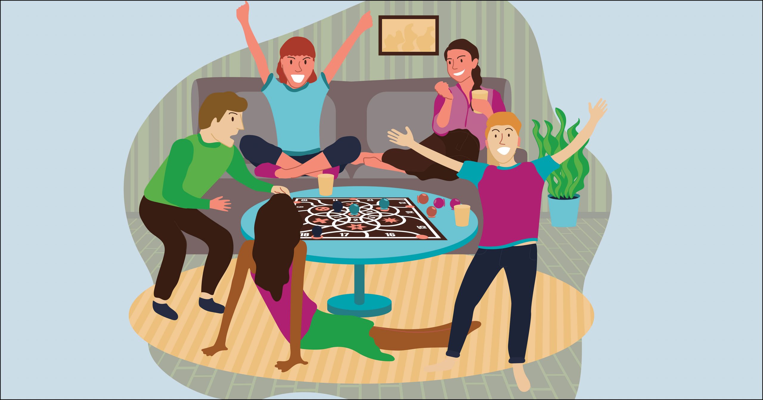 On the right side, an illustration shows five people animatedly playing a board game around a circular table. The group consists of two males and three females. They are all smiling, with one person standing with arms raised, another seated on the floor, and the rest on a couch. The room has a striped wallpaper, a framed picture, a potted plant, and a carpet under the table. On the left side of the image, event details are written in green and black text.