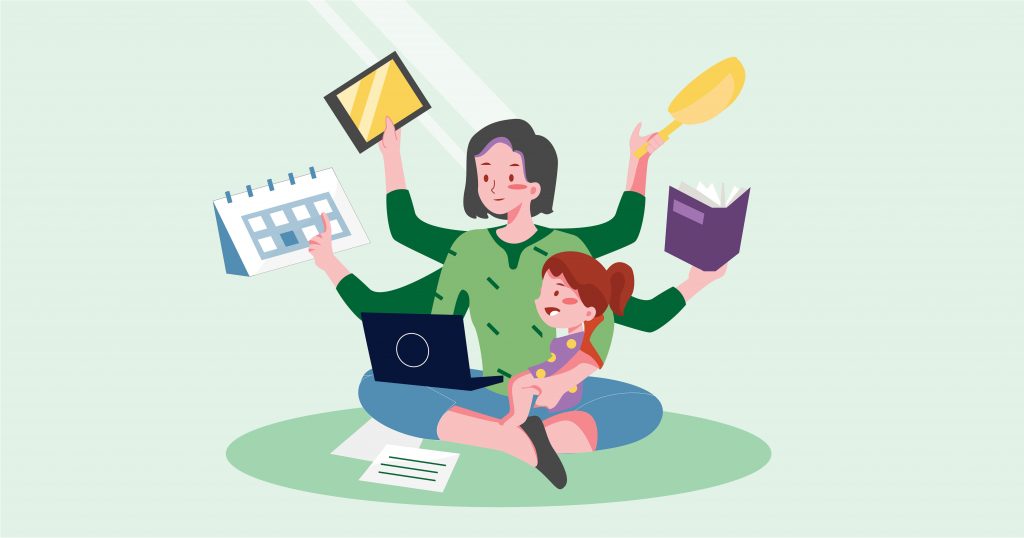 Illustration of a multitasking woman with a child on her lap, holding a calendar, tablet, magnifying glass, and book. On a light green background.