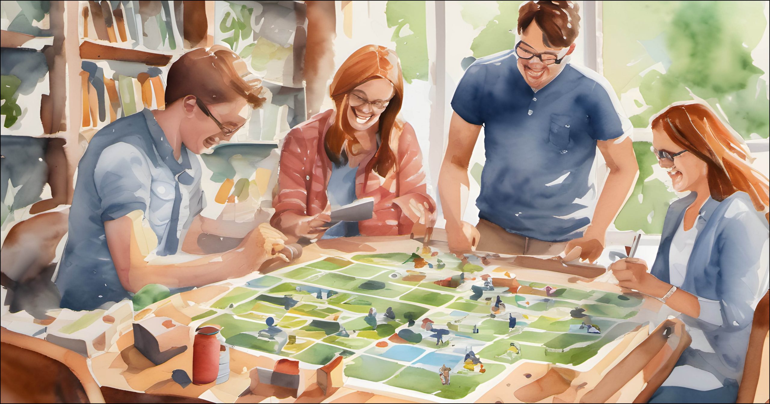 The watercolor illustration depicts four people gathered around a table playing a board game. The scene is set in what appears to be a bright, cozy room with bookshelves and windows in the background. The tabletop is covered with a grid-patterned board featuring various game pieces and miniature figures. The individuals, all smiling and engaged, are casually dressed. Two of them are wearing glasses, and one holds a card. Sunlight filters in through a nearby window, casting a warm glow over the scene. The overall composition is lively and colorful, with shades of green, blue, and earth tones.