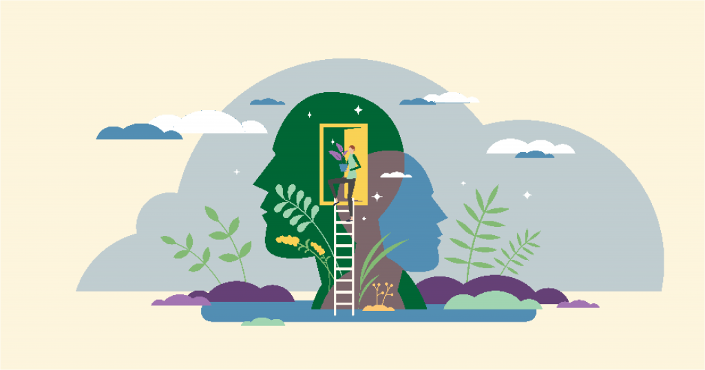 Illustration of overlapping head silhouettes with a person on a ladder holding a plant.