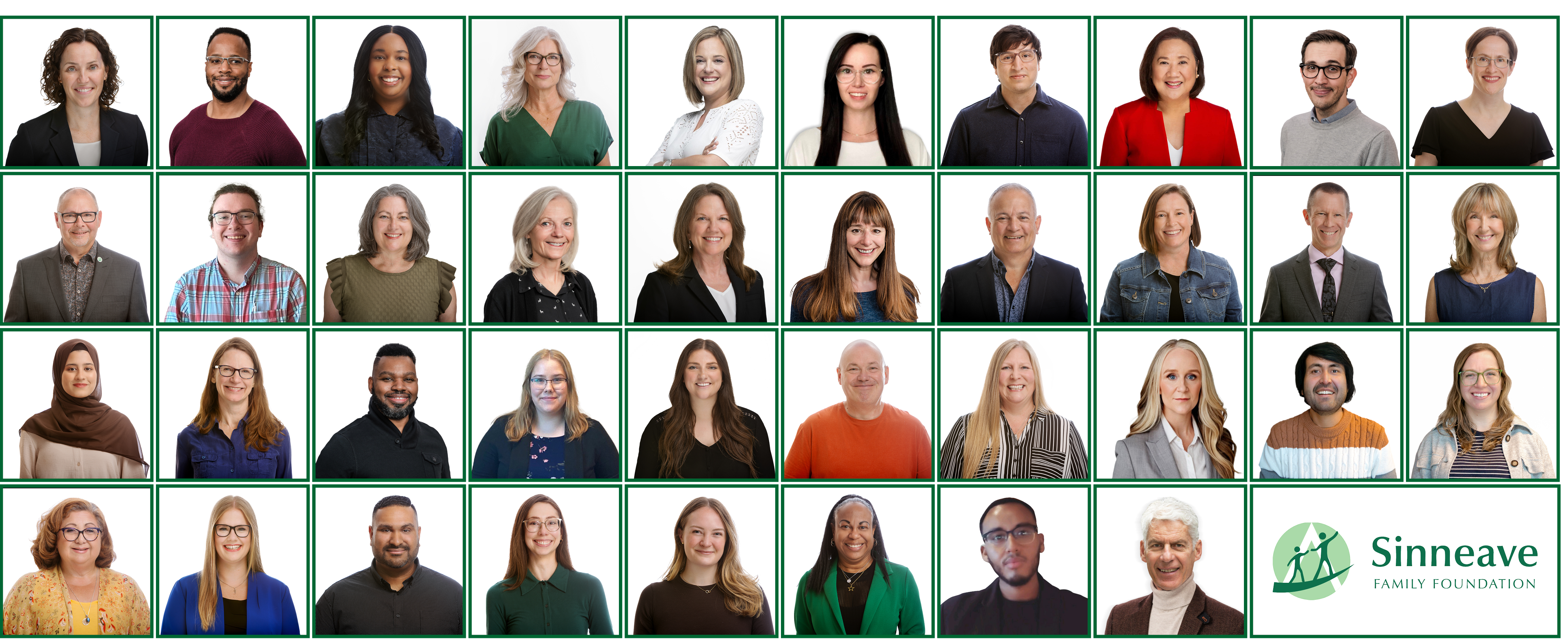 On a light grey background, are individual headshots of The Sinneave Family Foundation Staff members. There are 38 headshot pictures in total, one for each staff member. They are all looking into the camera and smiling in their headshots. 