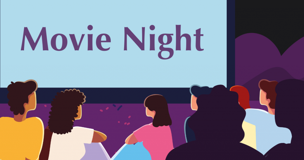 An illustration of a number of people, seated, seen from behind. They are looking at a large screen that says "movie night"