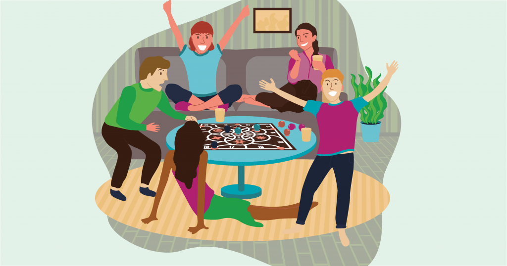 An illustration of five people around a table with a board game on it. One person is sitting on the floor watching, another is on a sofa, while three people excitedly play, hands in the air.