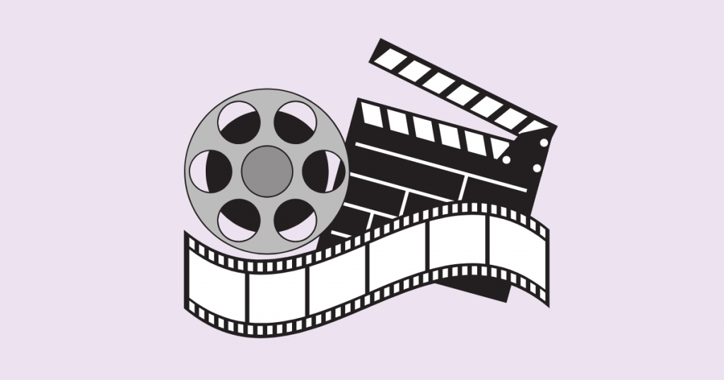 A decorative image with a movie reel, directors board and film strip, indicating a movie night.